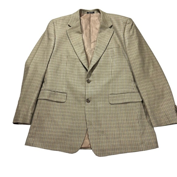 Ralph Lauren Chaps 100% Silk Tan Houndstooth Print Suit Jacket Sz 42L Blazer - Picture 6 of 14